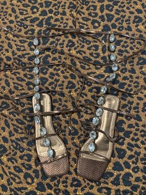 Embellished Bronze Lace-Up Sandals with Crystal Accents